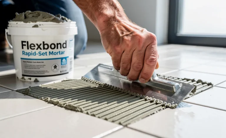 Un artisan étale avec précision du mortier Flexbond à l’aide d’une truelle crantée sur un sol carrelé, avec un seau de mortier à proximité sous une lumière naturelle.