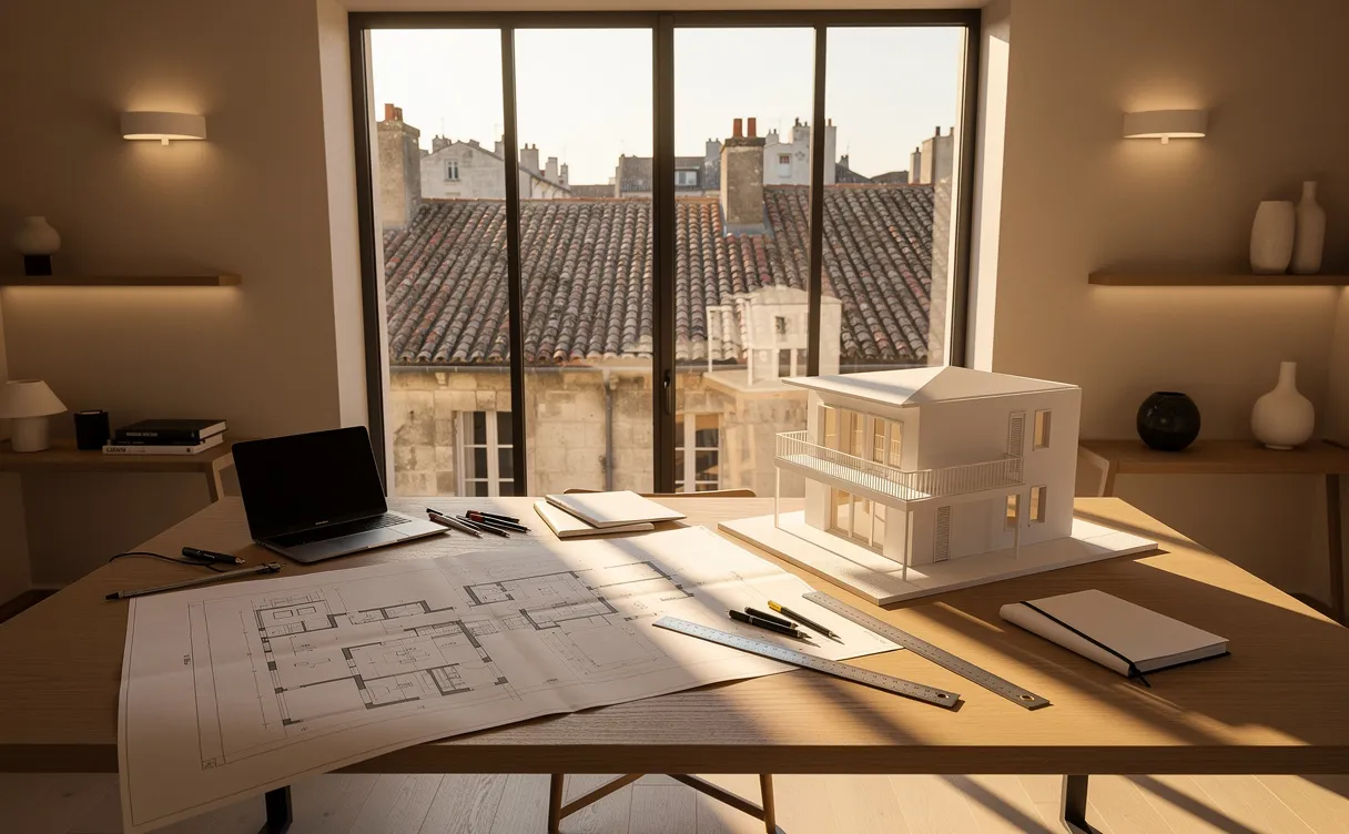 Un bureau d’architecte moderne avec de grandes fenêtres donnant sur les toits anciens de La Rochelle, inondé de lumière sur des plans détaillés et une maquette de maison.
