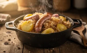 Plat de choucroute alsacienne réchauffé dans une cocotte en fonte sur une table en bois, avec des saucisses, des pommes de terre et du chou fumant.
