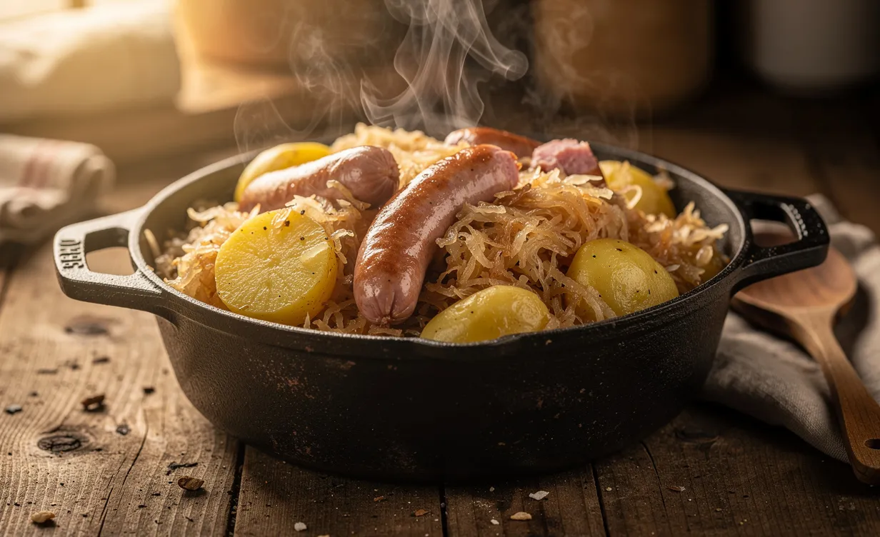 Plat de choucroute alsacienne réchauffé dans une cocotte en fonte sur une table en bois, avec des saucisses, des pommes de terre et du chou fumant.