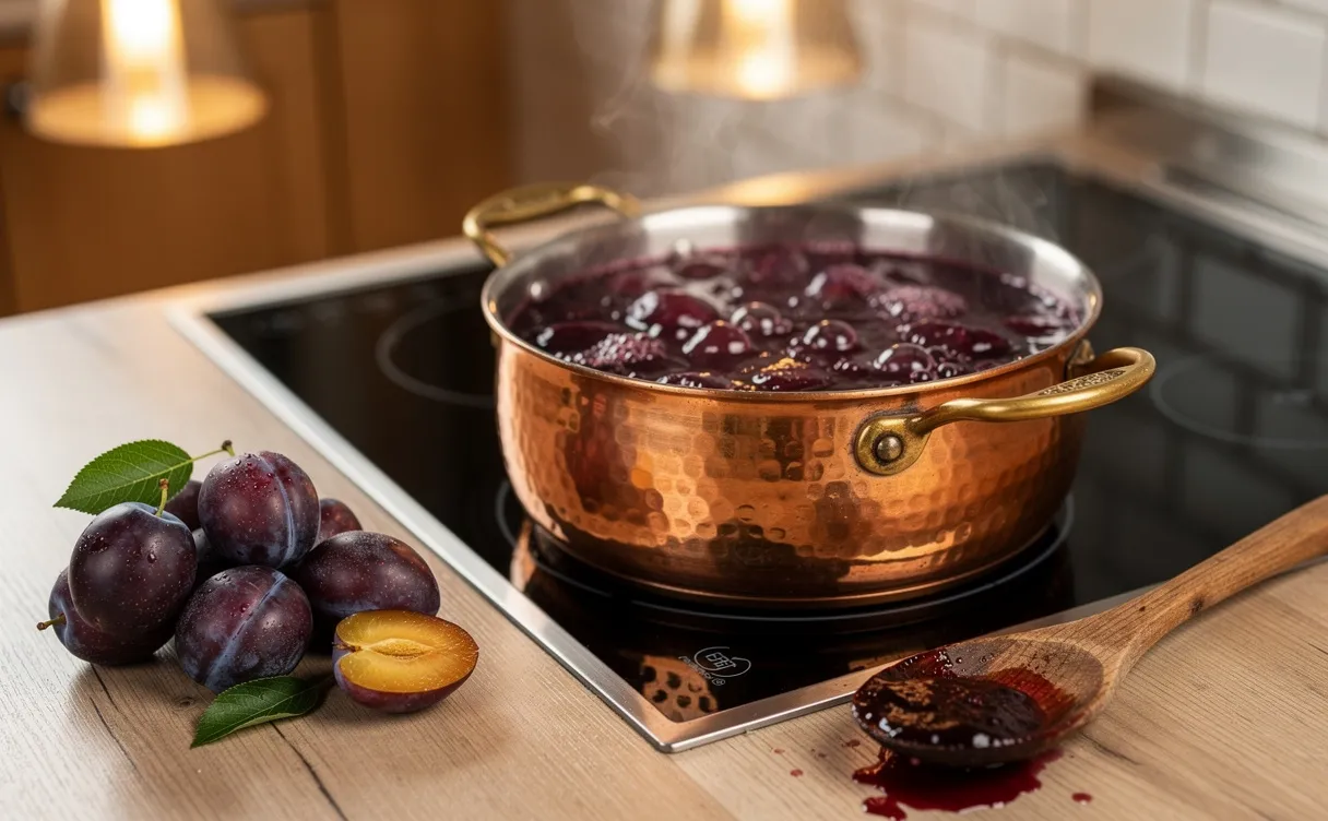 Un chaudron en cuivre rempli de confiture de prunes en train de cuire repose sur une cuisinière, avec des prunes mûres et une cuillère en bois à côté sous une lumière chaleureuse.