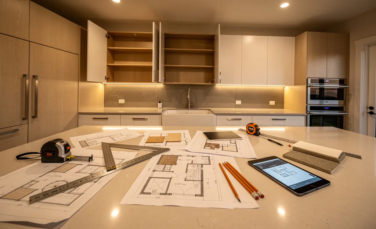 Une cuisine moderne en cours de transformation avec des croquis de design et des outils de mesure posés sur le plan de travail sous un éclairage doux du soir.