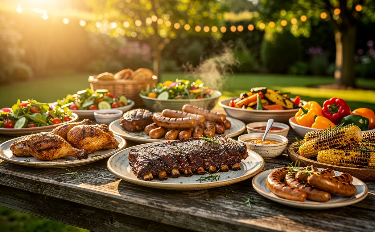 Barbecue estival sur une table en bois, avec viandes grillées, salades colorées et légumes frais sous une lumière dorée.