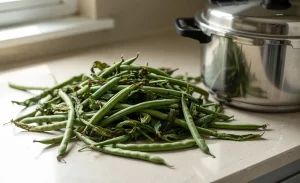 Des haricots verts frais et légèrement flétris reposent sur un plan de travail de cuisine à côté d’un autocuiseur en inox sous une lumière naturelle douce.