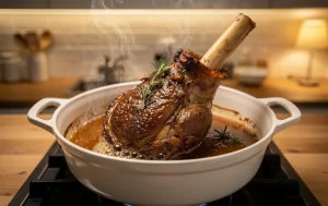 Un jarret d’agneau juteux est réchauffé dans un plat à four fumant, dans une cuisine chaleureuse à la lumière douce.