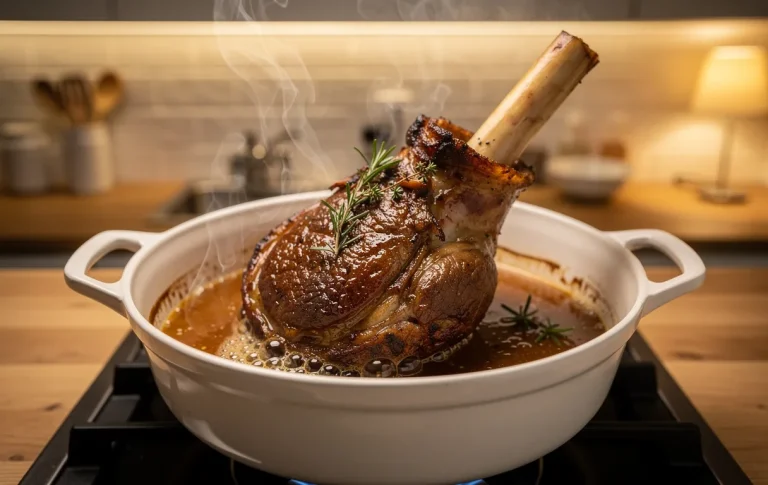 Un jarret d’agneau juteux est réchauffé dans un plat à four fumant, dans une cuisine chaleureuse à la lumière douce.