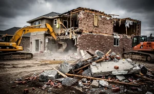 Une maison partiellement démolie laisse voir des briques apparentes et des gravats, avec des engins de chantier à l’arrière-plan sous un ciel couvert.