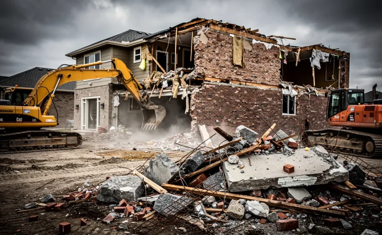 Une maison partiellement démolie laisse voir des briques apparentes et des gravats, avec des engins de chantier à l’arrière-plan sous un ciel couvert.