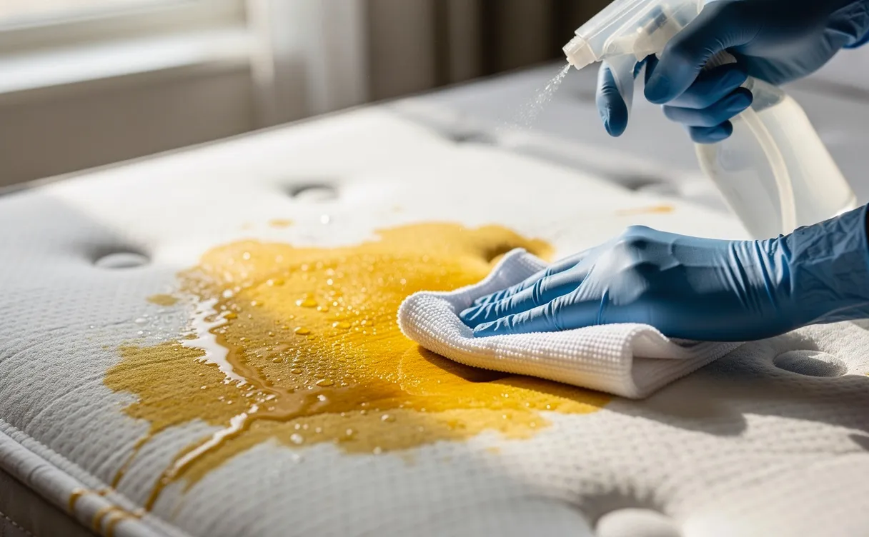 Une main gantée nettoie une tache jaune sur un matelas à l’aide d’un vaporisateur et d’un chiffon, sous la lumière du jour.