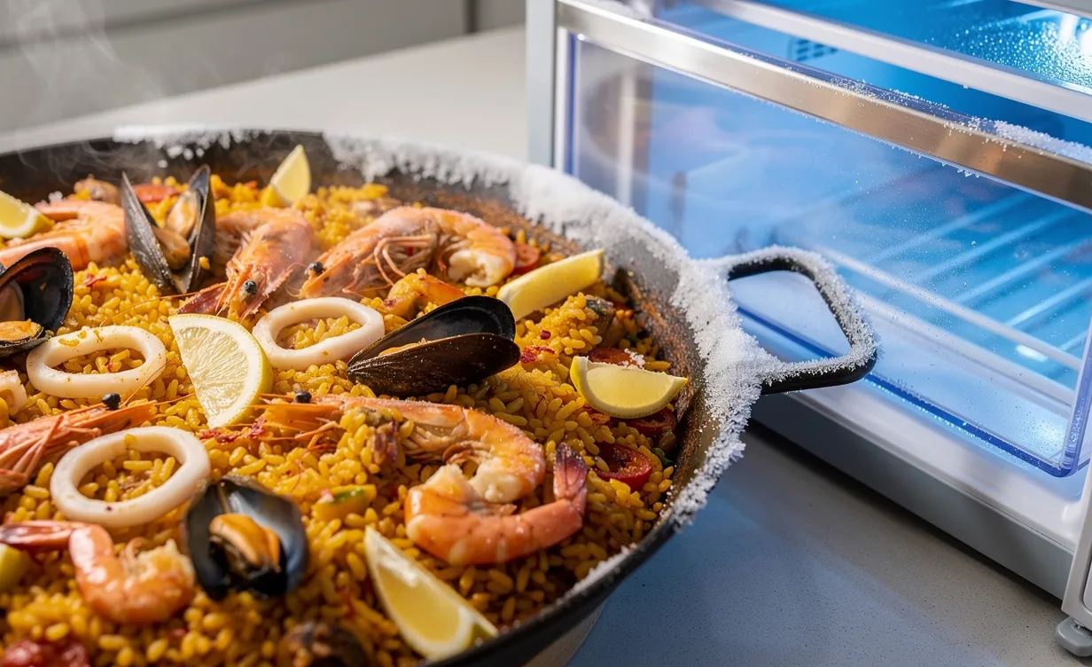 Une paella de fruits de mer colorée repose dans un plat traditionnel à côté d’un tiroir transparent de congélateur, avec de la glace fine visible sur le riz sous une lumière bleutée.