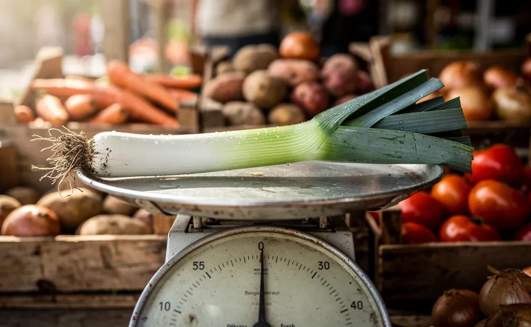 Un poireau frais posé sur une balance de marché, entouré de cagettes en bois remplies de légumes, dans une ambiance de marché éclairée par la lumière du jour.