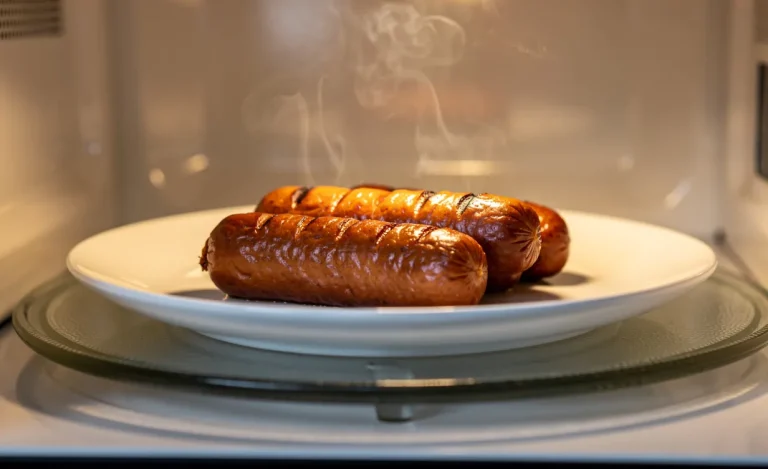 Trois saucisses fumées reposent sur une assiette blanche dans un micro-ondes moderne, éclairées par une lumière douce et accompagnées de vapeur.