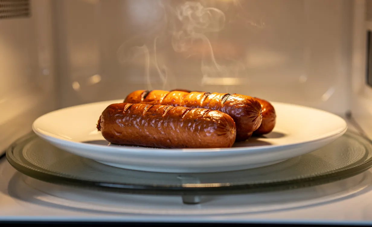 Trois saucisses fumées reposent sur une assiette blanche dans un micro-ondes moderne, éclairées par une lumière douce et accompagnées de vapeur.