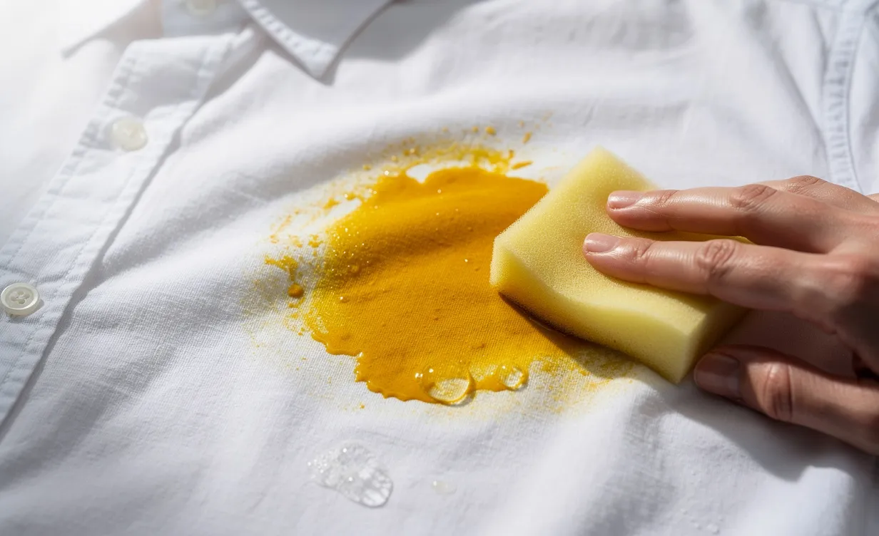 Une chemise blanche en coton est nettoyée avec une éponge sur une tache jaune de curry sous une lumière douce.