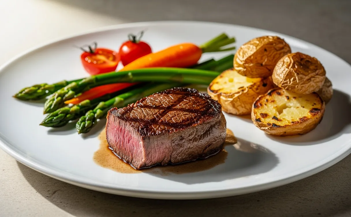 Un tournedos cuit accompagné de légumes de saison et de pommes de terre rôties est disposé sur une assiette blanche sous une lumière naturelle.