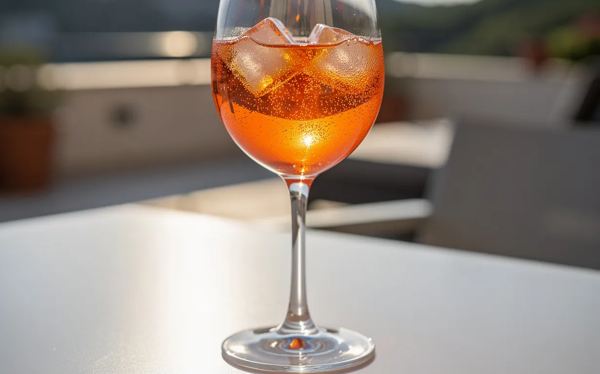 Un verre d'Aperol spritz orange vif repose sur une table en terrasse ensoleillée, avec des bulles visibles et une lumière douce.