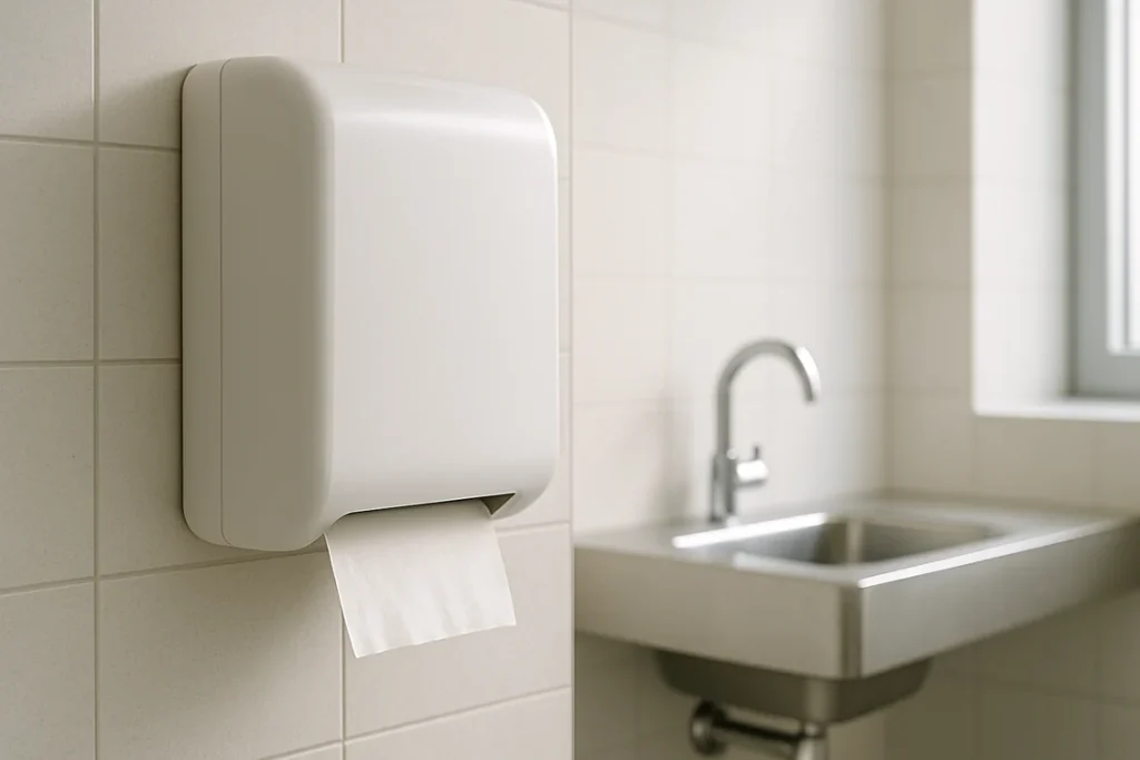 Distributeur mural blanc d'essuie-mains en papier installe dans des sanitaires professionnels carreles
