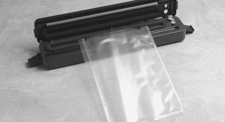Machine à sceller sous vide avec un sac en plastique gaufré inséré